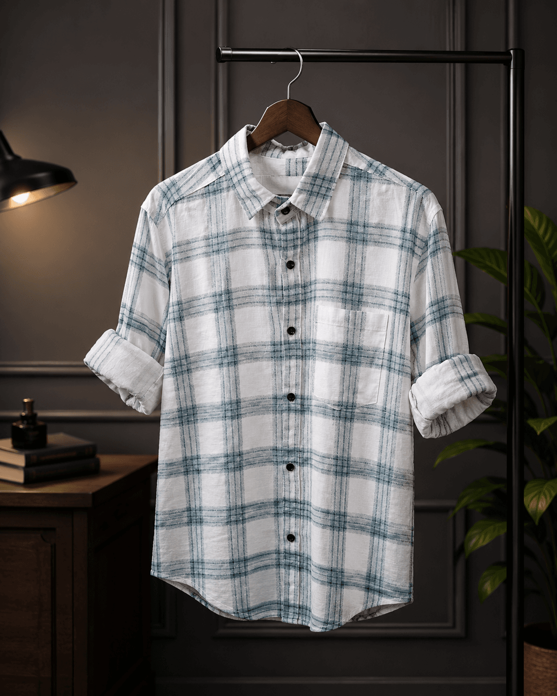 Men slim fit checkered spread collar cotton shirt Men slim fit checkered spread collar cotton shirt - Front View by Redfit
