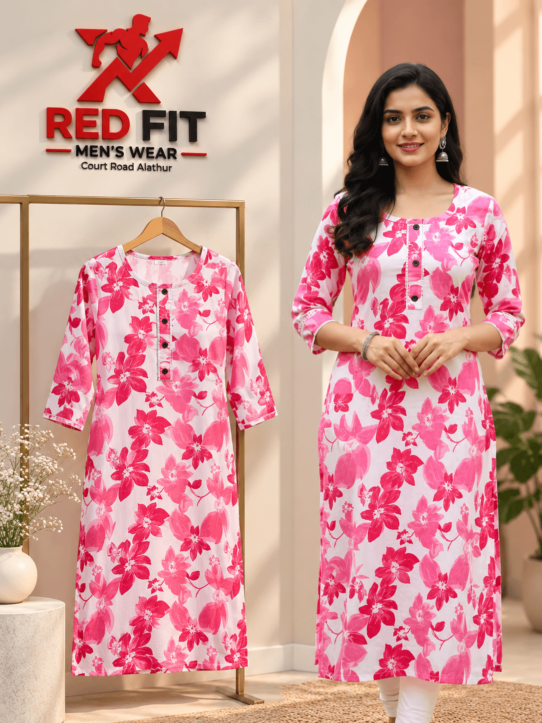 Pink Floral Printed Straight Kurta - View 1