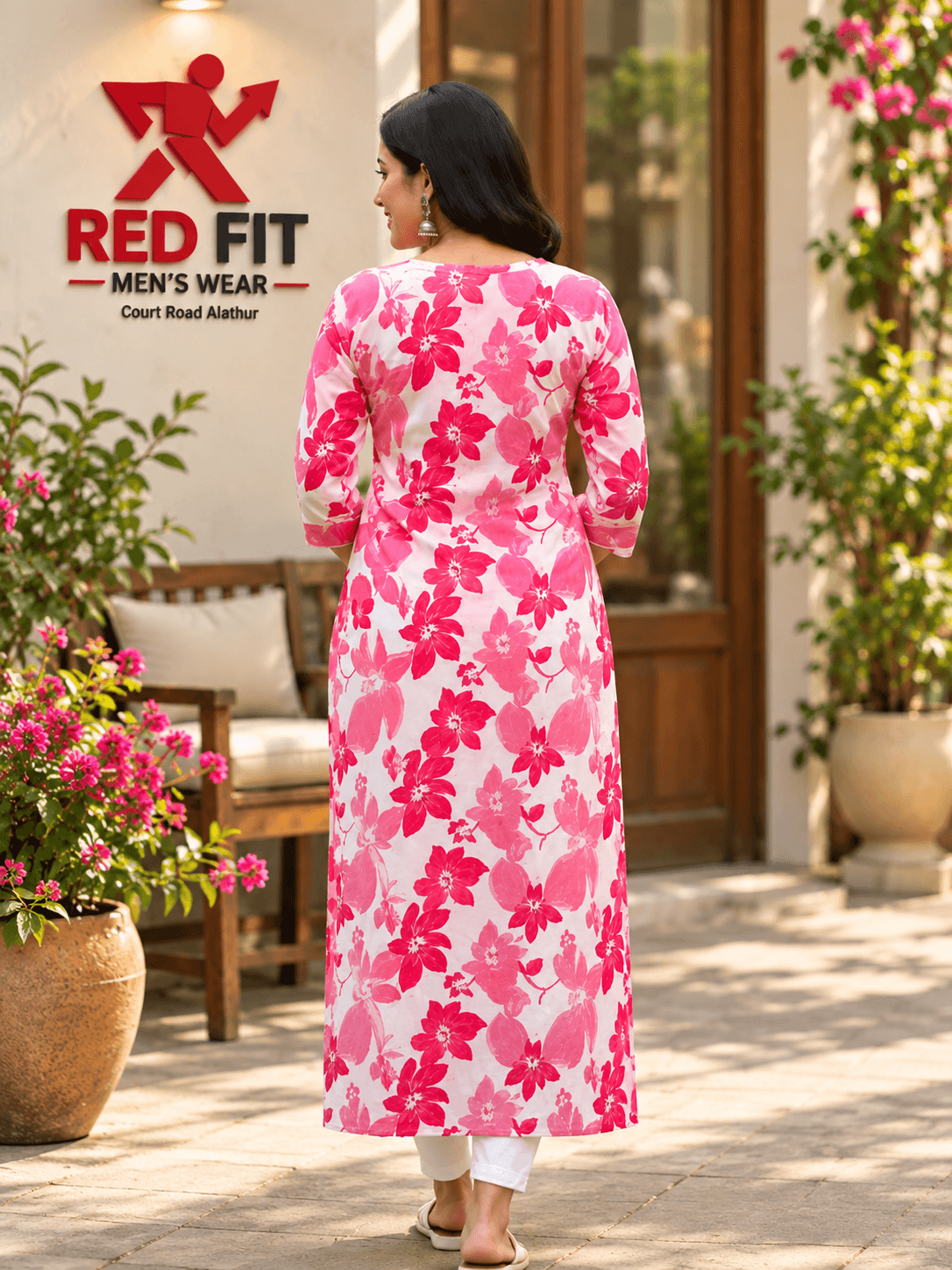 Pink Floral Printed Straight Kurta - View 3