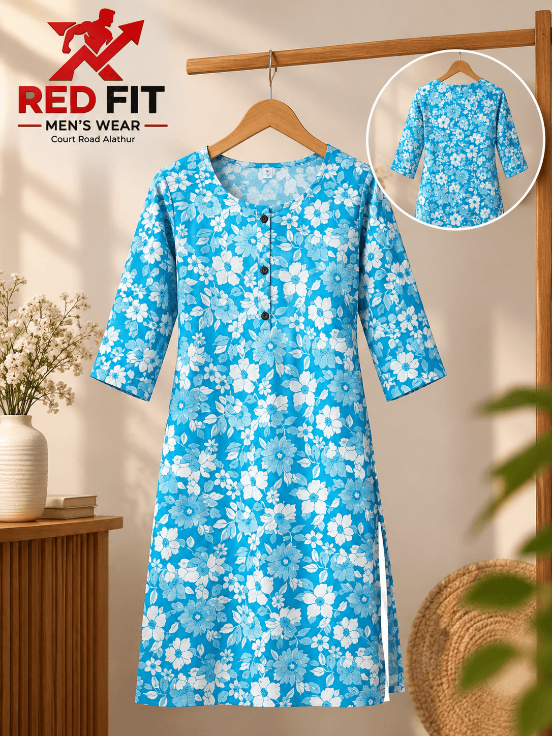 Women’s Blue Floral Printed Straight Kurta - View 1