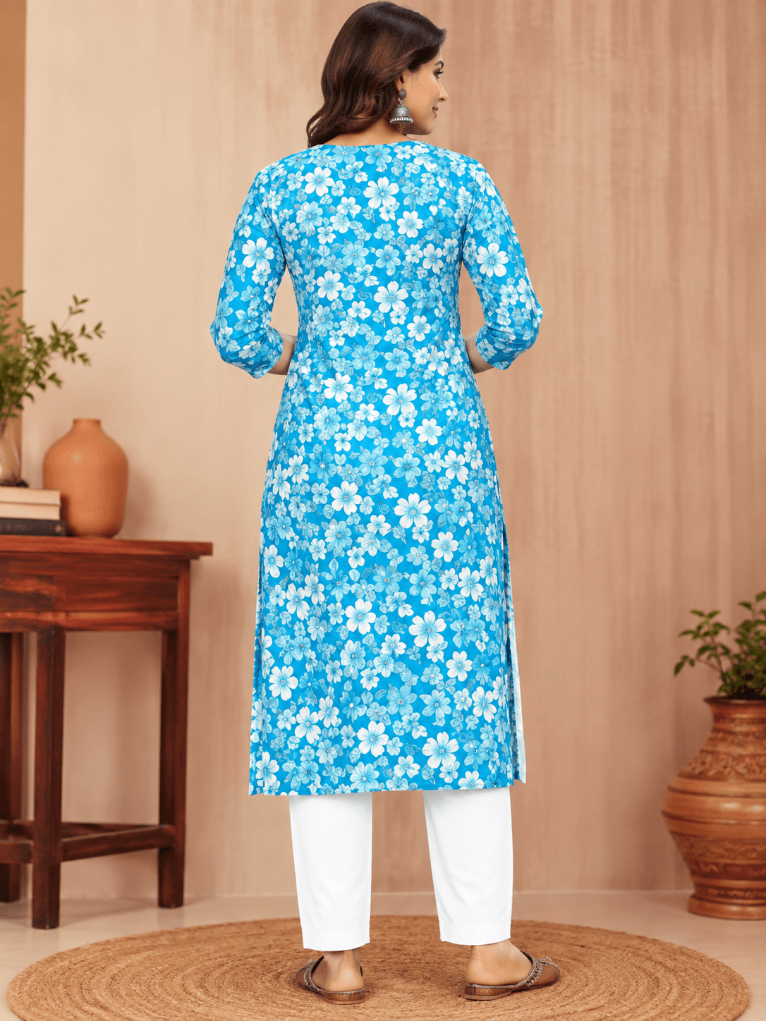 Women’s Blue Floral Printed Straight Kurta - View 2