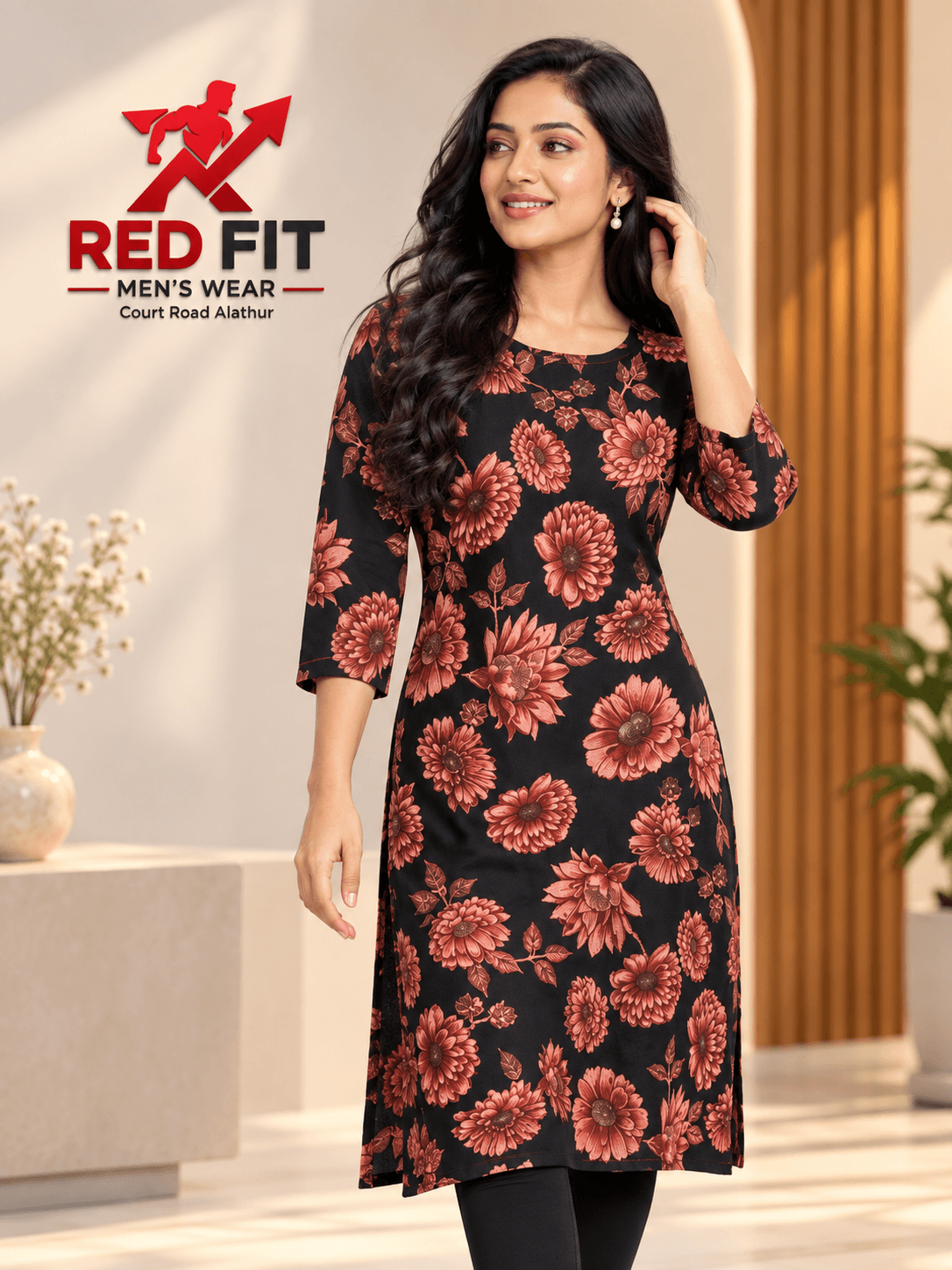 Women’s Black Floral Printed Straight Kurti - View 1