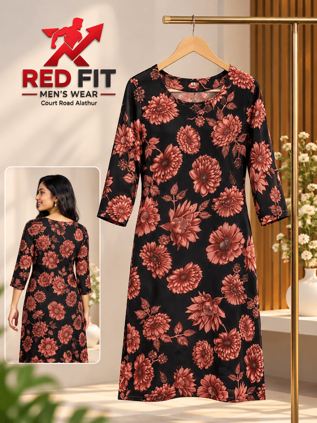 Women’s Black Floral Printed Straight Kurti - View 2