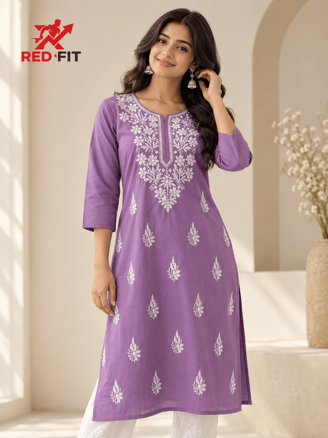 Women’s Lavender Embroidered Straight Kurta - View 2