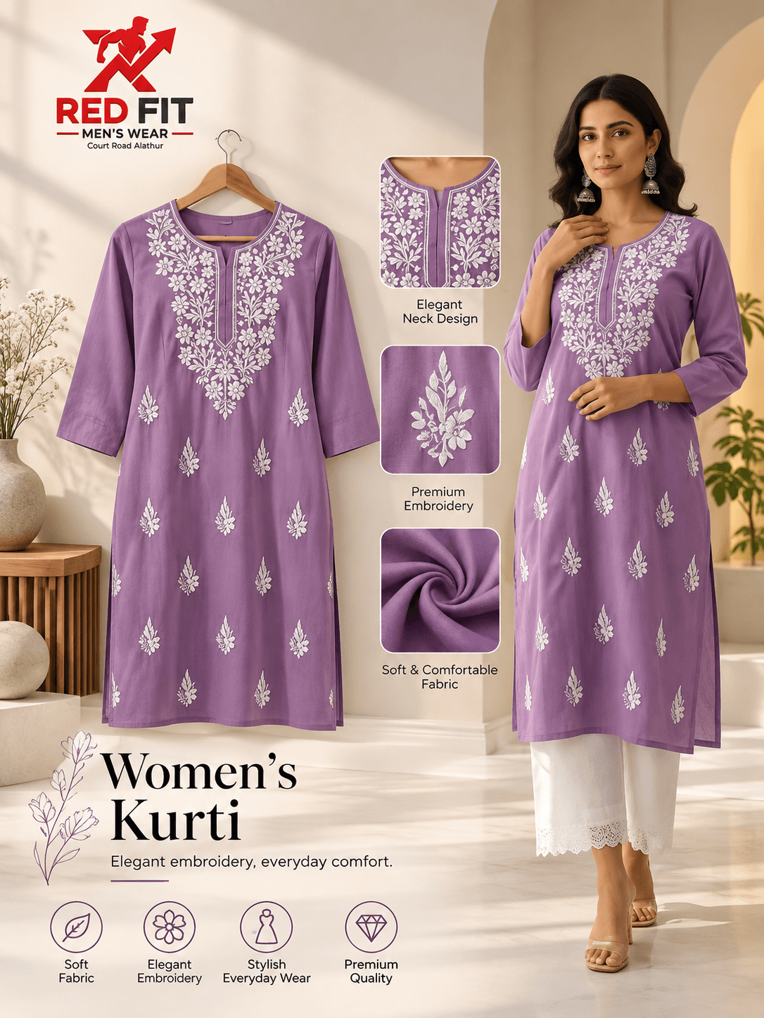 Women’s Lavender Embroidered Straight Kurta - View 3
